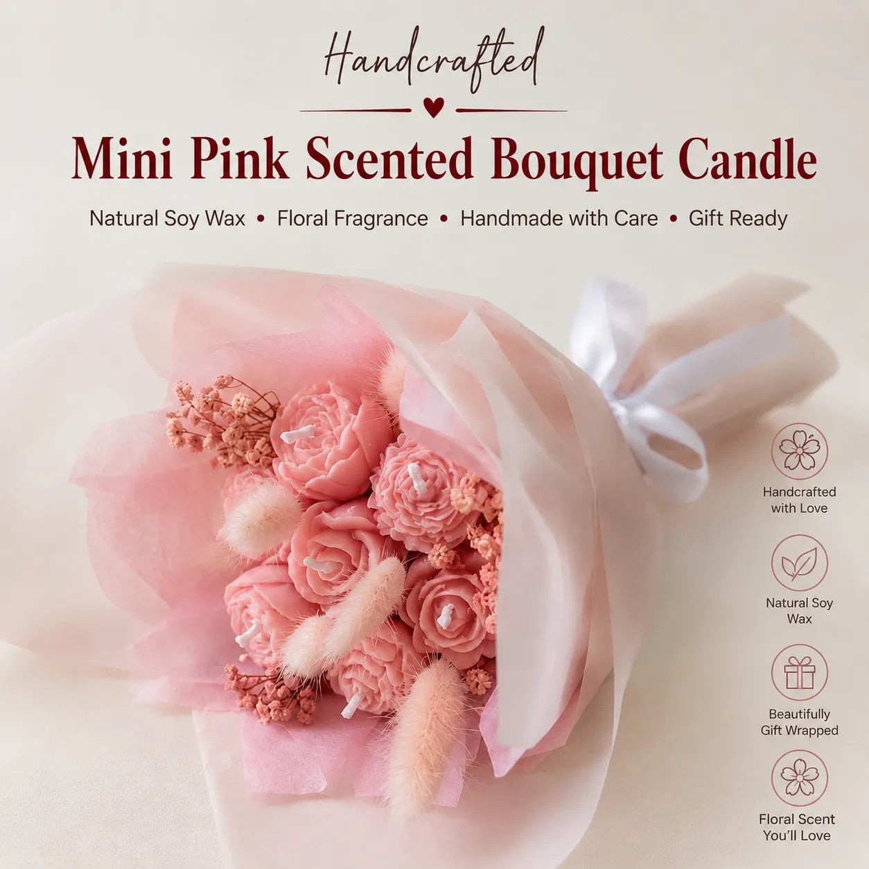 Mini pink scented bouquet candle handcrafted with natural soy wax and real dried flowers for elegant gifting