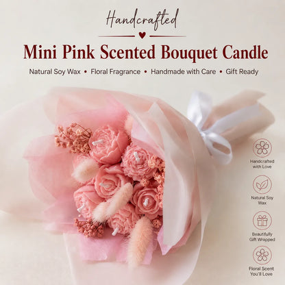 Mini pink scented bouquet candle handcrafted with natural soy wax and real dried flowers for elegant gifting