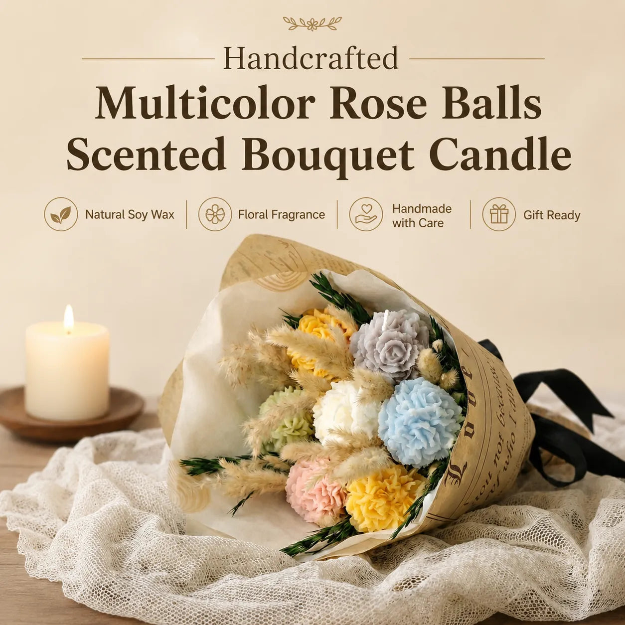 Multicolor rose balls scented bouquet candle made with natural soy wax and real dried flowers, perfect gift for her