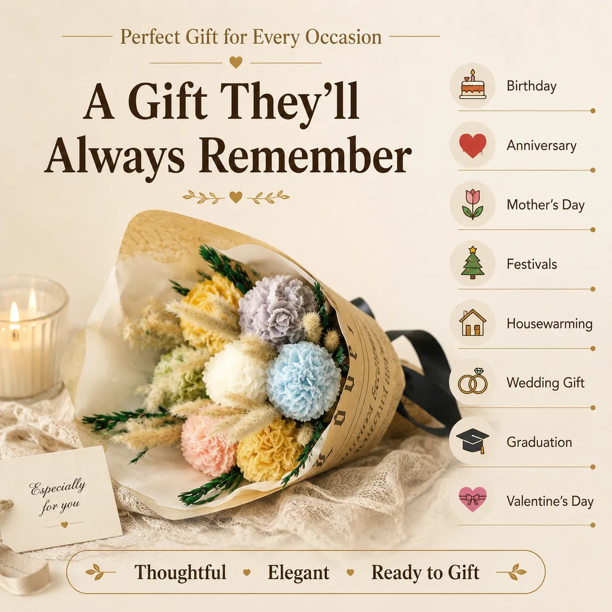 Handmade multicolor rose balls bouquet candle crafted from premium soy wax with real dried flowers for special occasions