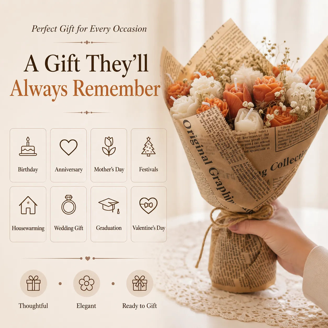 Decorative peach and white scented bouquet candle, ideal for birthdays, anniversaries, weddings, and special occasions.