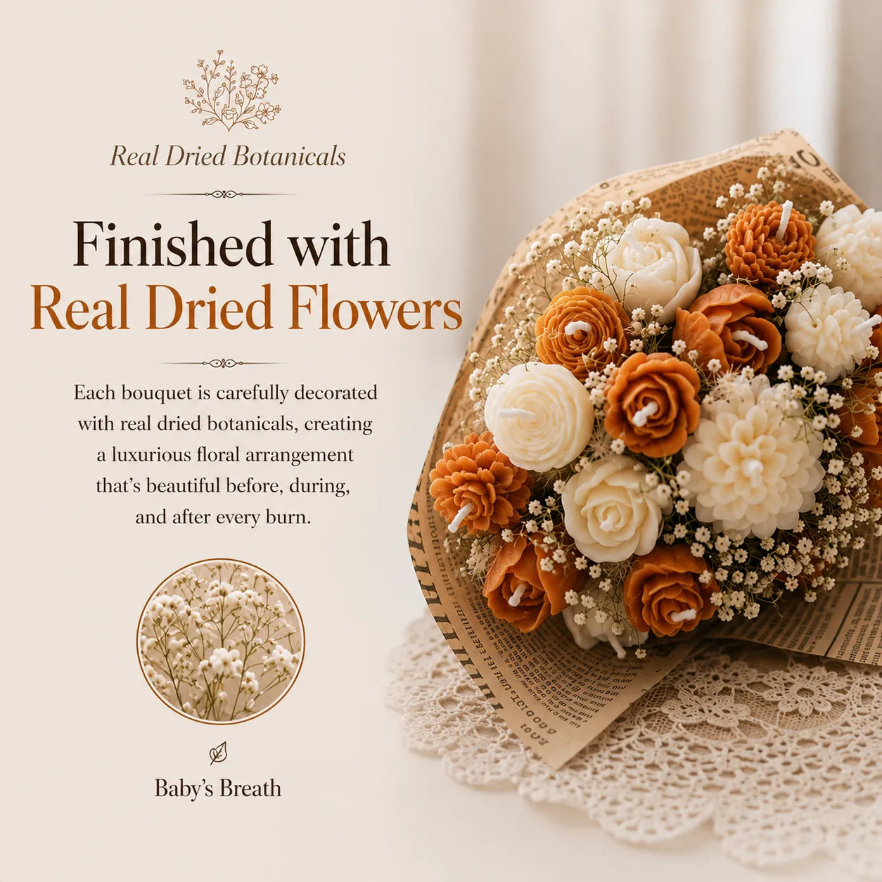 Peach and white scented bouquet candle made with natural soy wax, perfect gift that lasts for months.