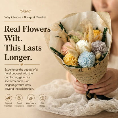 Multicolor rose balls scented bouquet candle decorated with real dried flowers and made with natural soy wax