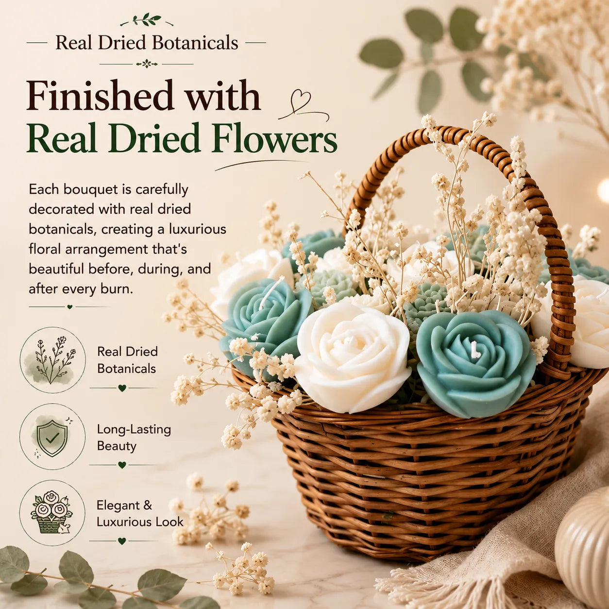 Teal green scented bouquet candle decorated with real dried flowers and crafted from natural soy wax.