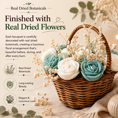 Teal green scented bouquet candle decorated with real dried flowers and crafted from natural soy wax.