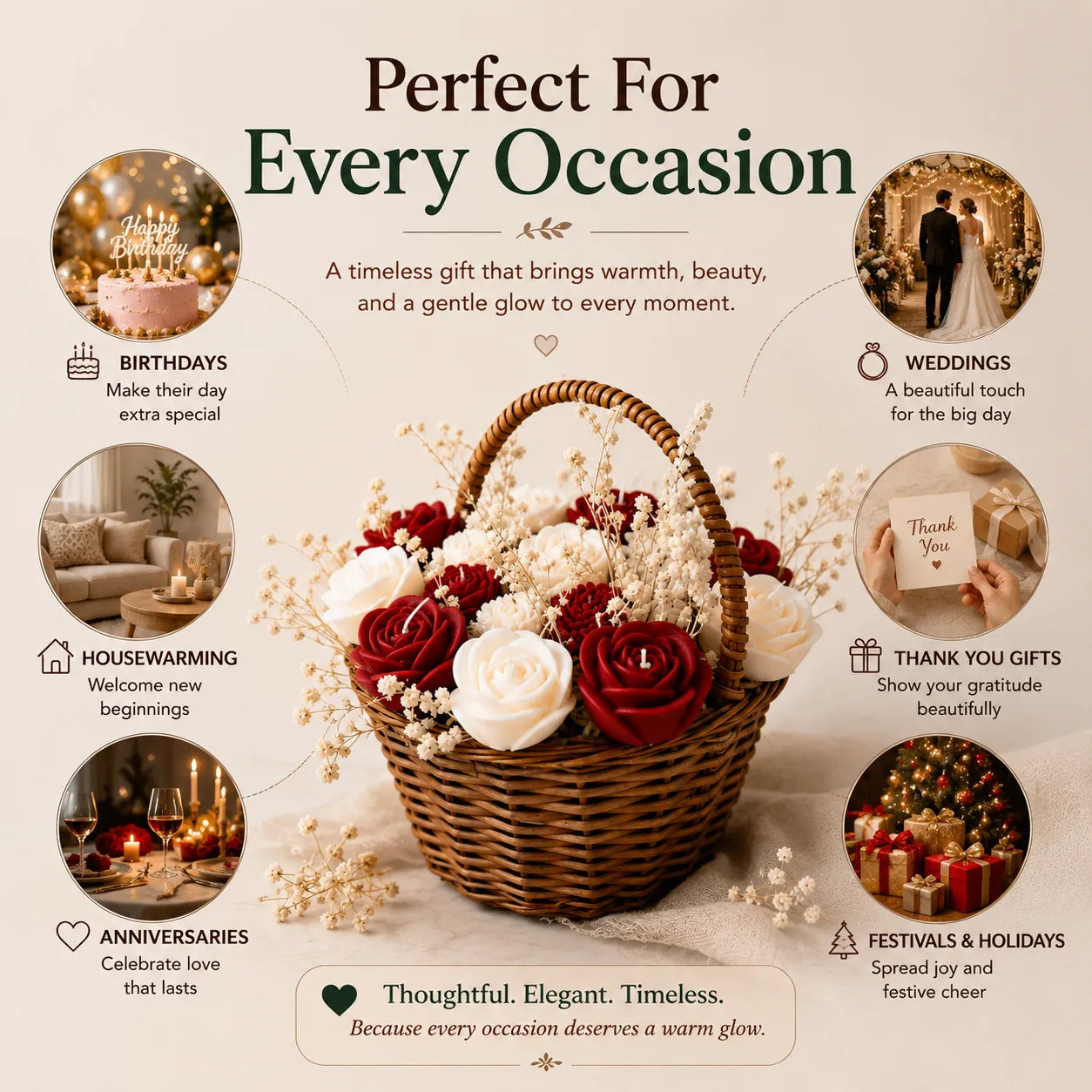Wooden Round Basket Multi-Floral Scented Bouquet Candle (Red)
