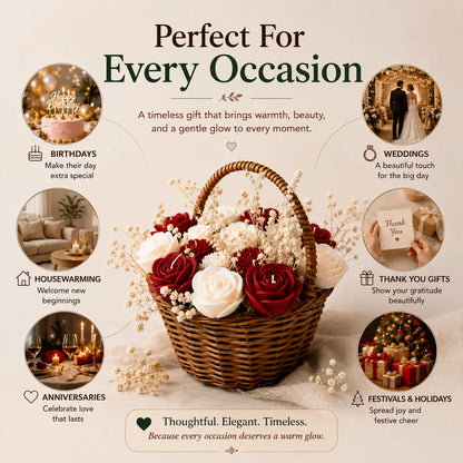 Wooden Round Basket Multi-Floral Scented Bouquet Candle (Red)