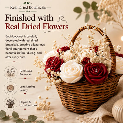 Wooden Round Basket Multi-Floral Scented Bouquet Candle (Red)