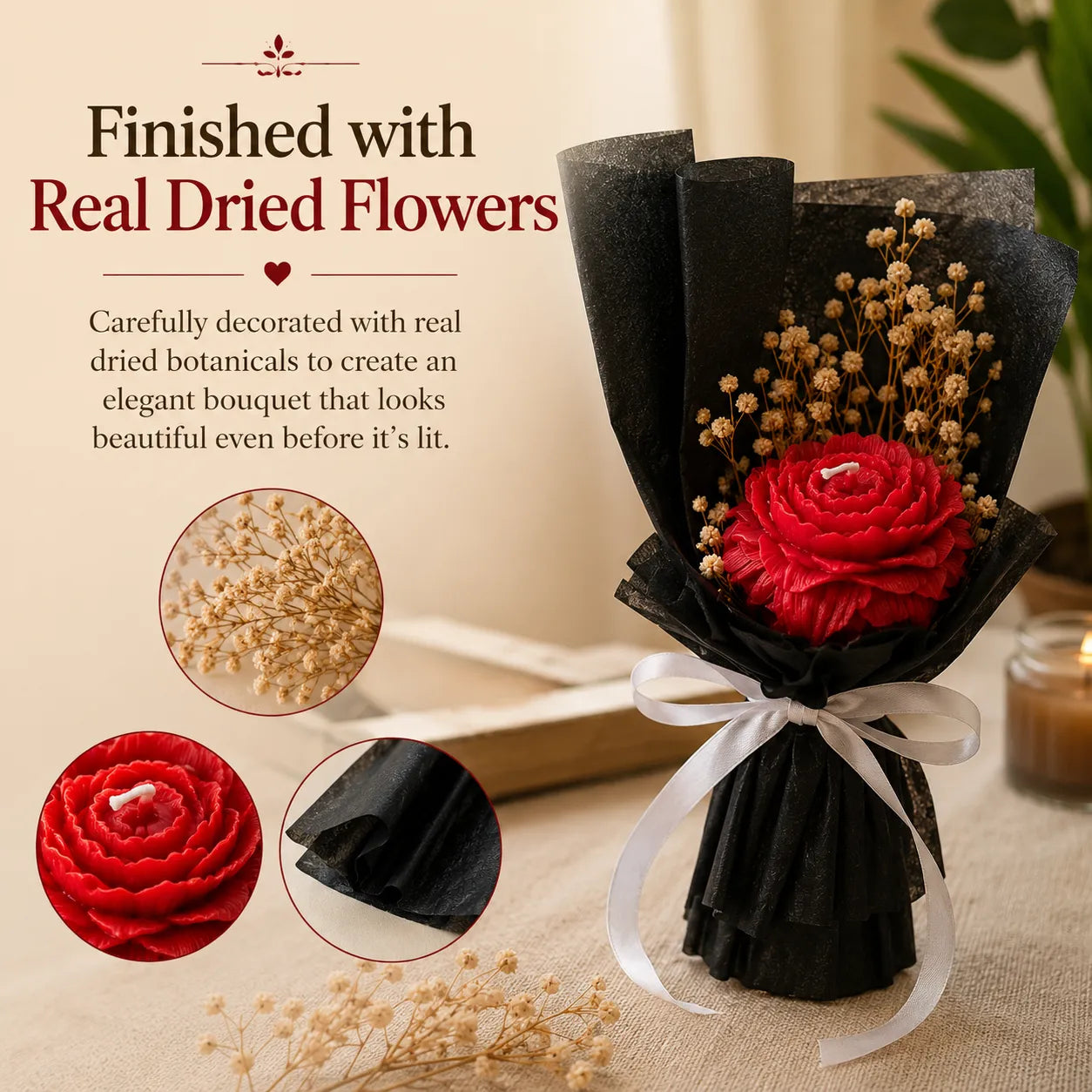 Red floral bouquet candle with premium fragrance, a thoughtful gift for her on birthdays and anniversaries