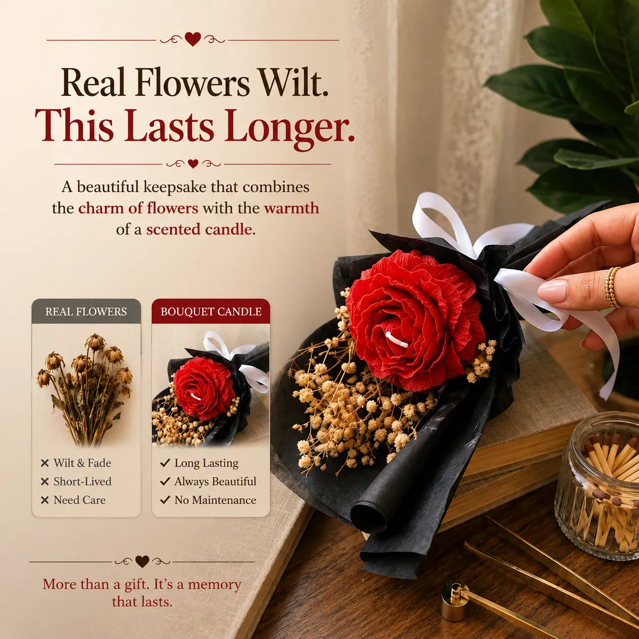 Red peony scented bouquet candle handcrafted with natural soy wax and real dried flowers for elegant gifting
