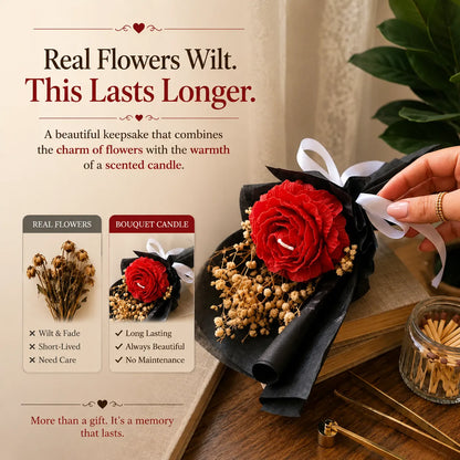 Red peony scented bouquet candle handcrafted with natural soy wax and real dried flowers for elegant gifting
