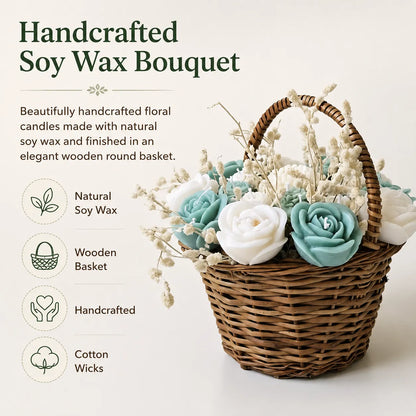 Handmade teal green bouquet candle in a wooden basket with real dried flowers and premium soy wax
