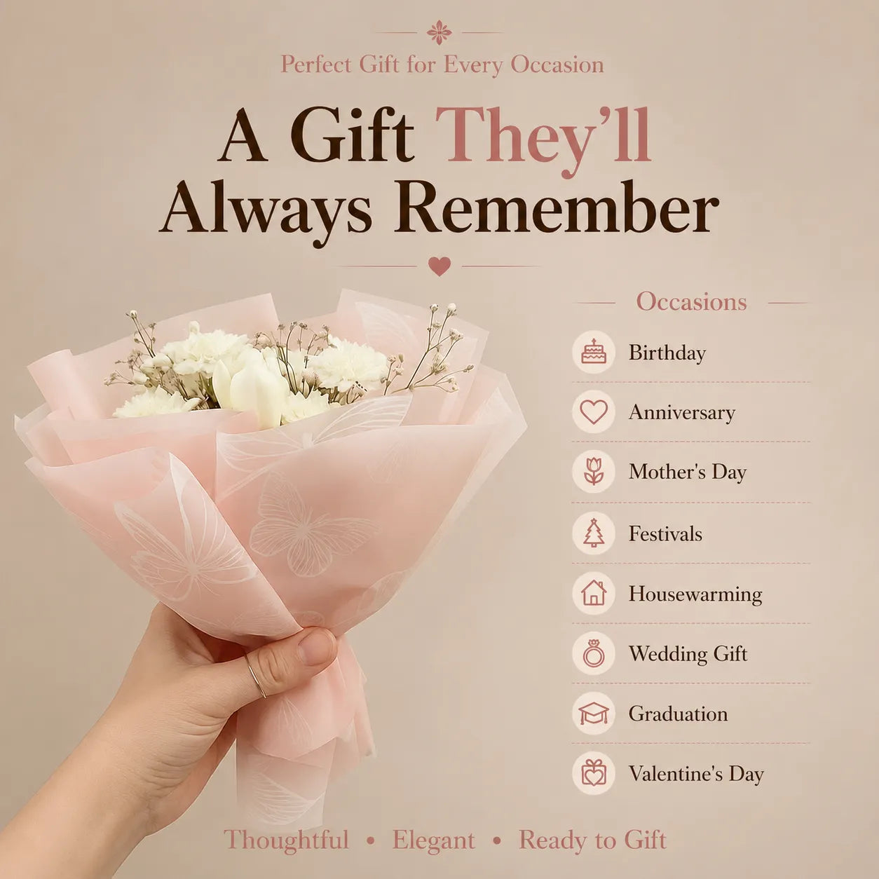 Romantic ivory white scented bouquet candle, a perfect Valentine's Day gift for her with real dried flowers