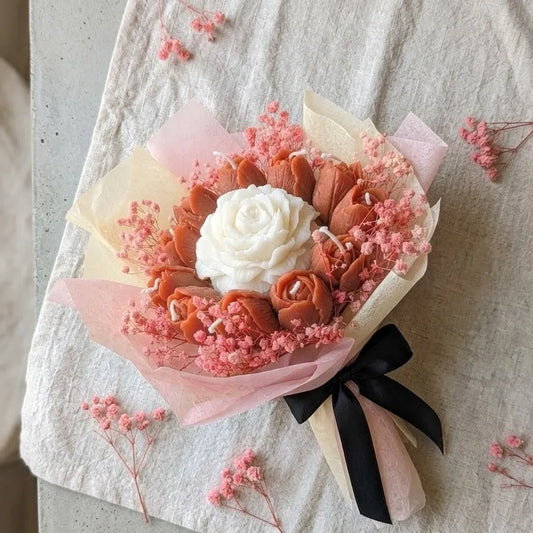 Handcrafted white peach scented bouquet candle featuring an intricate, artisanal floral flower arrangement design for premium home decor