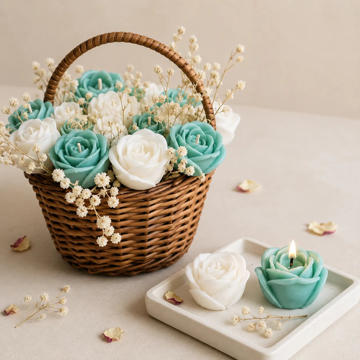 Wooden basket teal green scented bouquet candle made with natural soy wax and real dried flowers, perfect for gifting.