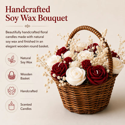 Wooden Round Basket Multi-Floral Scented Bouquet Candle (Red)