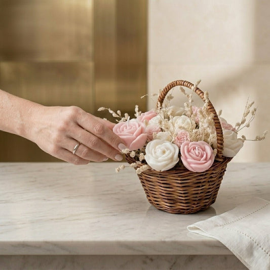 Wooden Round Basket Multi - Floral Scented Bouquet Candle (Pink) - igniquecandles