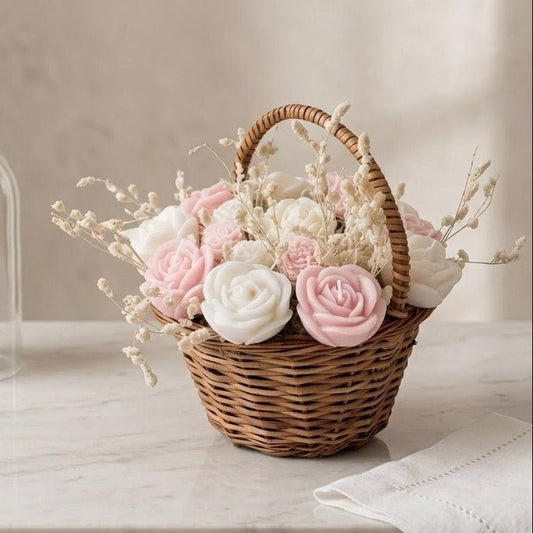 Wooden Round Basket Multi - Floral Scented Bouquet Candle (Pink) - igniquecandles