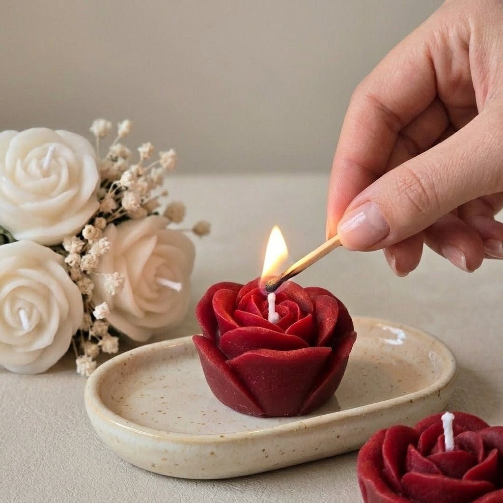 Wooden Round Basket Multi - Floral Scented Bouquet Candle (Red) - igniquecandles