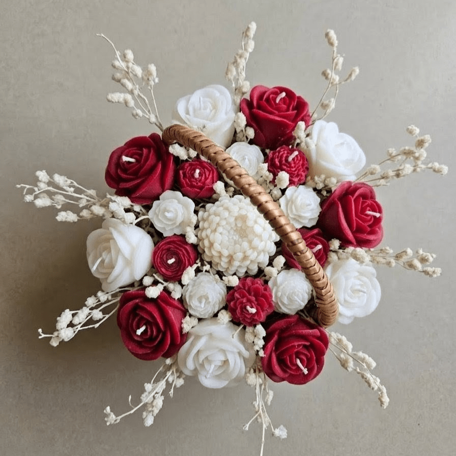 Wooden Round Basket Multi - Floral Scented Bouquet Candle (Red) - igniquecandles
