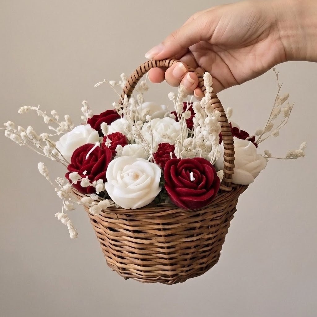 Wooden Round Basket Multi - Floral Scented Bouquet Candle (Red) - igniquecandles
