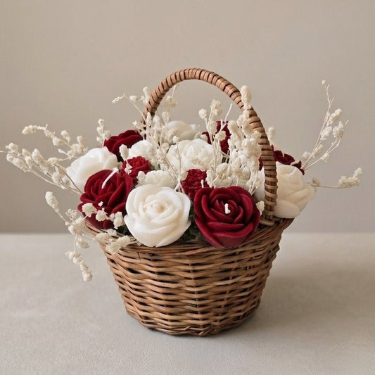 Wooden Round Basket Multi - Floral Scented Bouquet Candle (Red) - igniquecandles