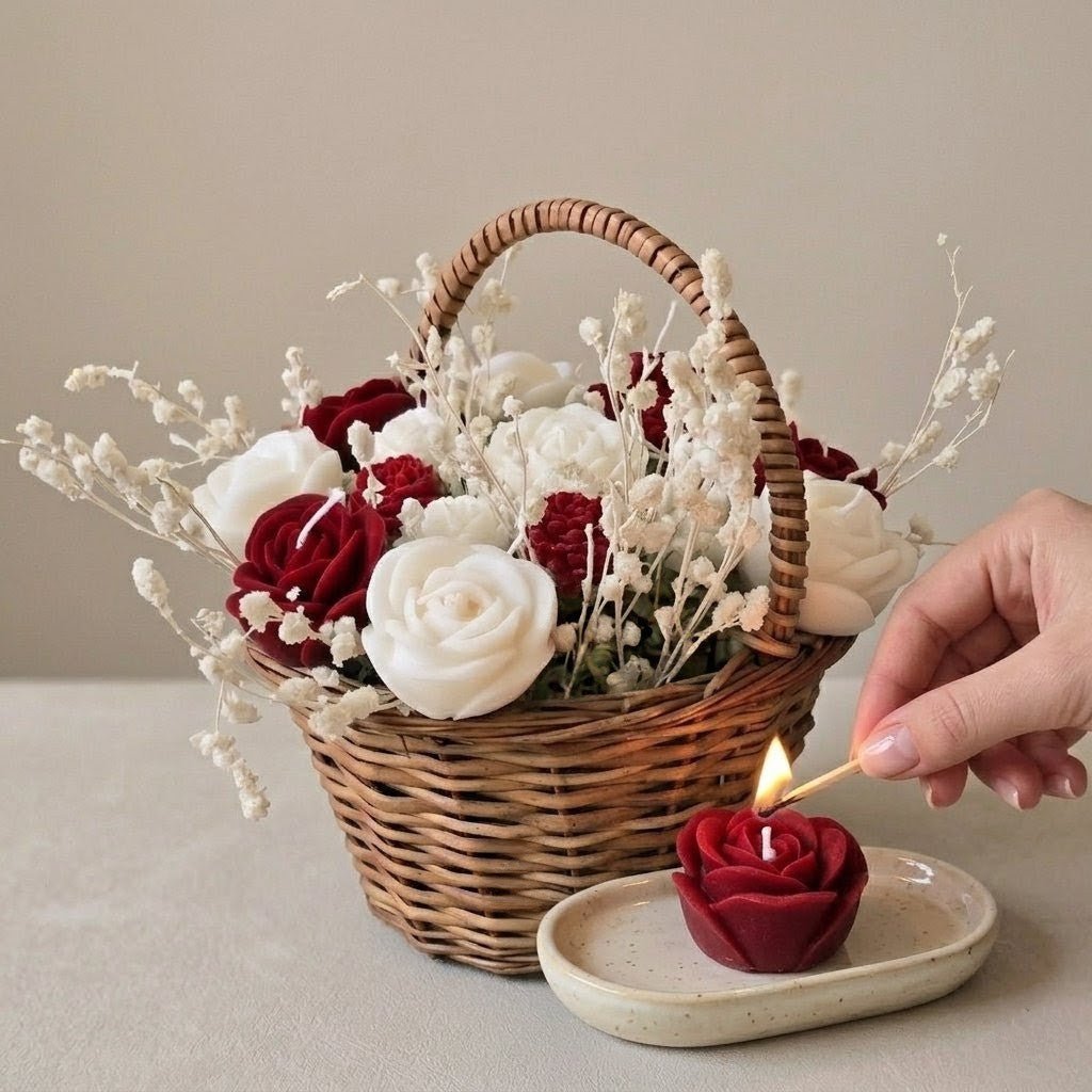 Wooden Round Basket Multi - Floral Scented Bouquet Candle (Red) - igniquecandles