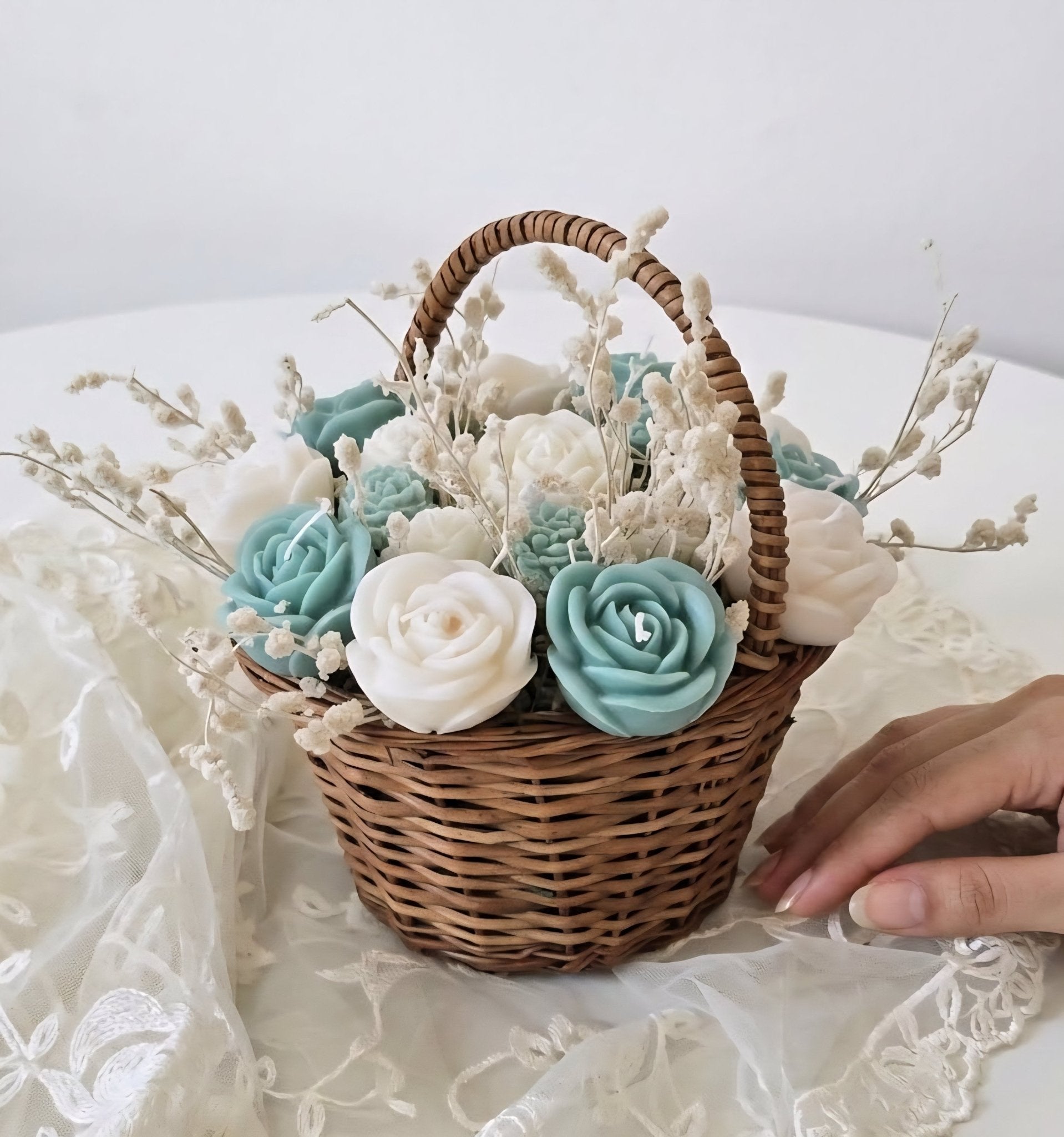Wooden Round Basket Multi - Floral Scented Bouquet Candle (Teal Green) - igniquecandles