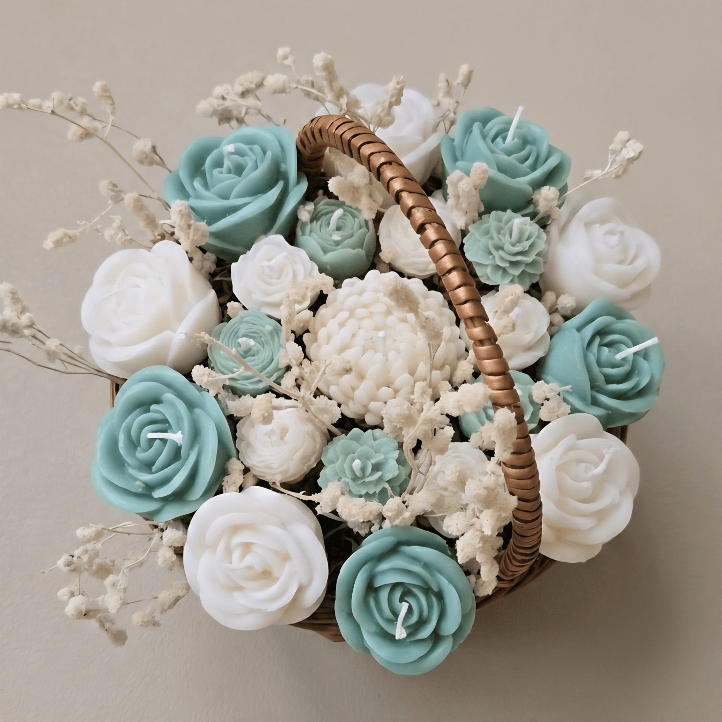 Wooden Round Basket Multi - Floral Scented Bouquet Candle (Teal Green) - igniquecandles