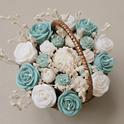Wooden Round Basket Multi - Floral Scented Bouquet Candle (Teal Green) - igniquecandles