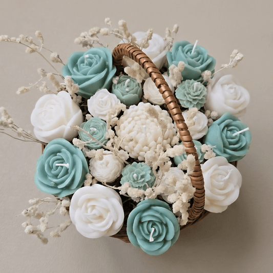 Wooden Round Basket Multi - Floral Scented Bouquet Candle (Teal Green) - igniquecandles