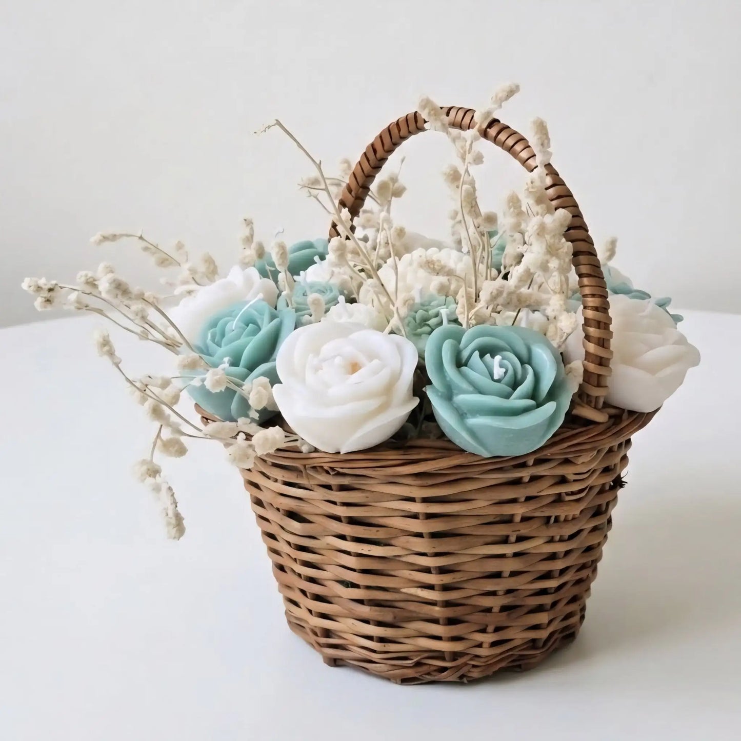 Wooden Round Basket Multi - Floral Scented Bouquet Candle (Teal Green) - igniquecandles