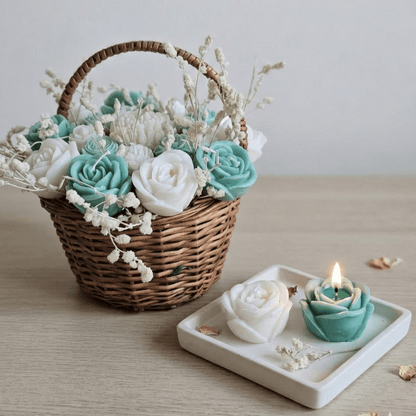 Wooden Round Basket Multi - Floral Scented Bouquet Candle (Teal Green) - igniquecandles