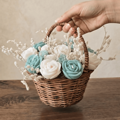 Wooden Round Basket Multi - Floral Scented Bouquet Candle (Teal Green) - igniquecandles