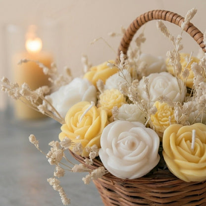 Wooden Round Basket Multi - Floral Scented Bouquet Candle (Yellow) - igniquecandles