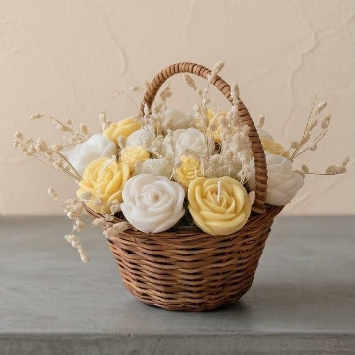 Wooden Round Basket Multi - Floral Scented Bouquet Candle (Yellow) - igniquecandles
