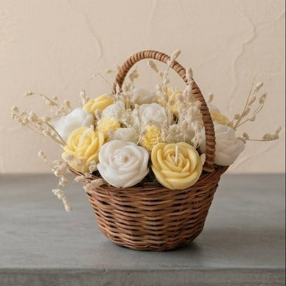 Wooden Round Basket Multi - Floral Scented Bouquet Candle (Yellow) - igniquecandles
