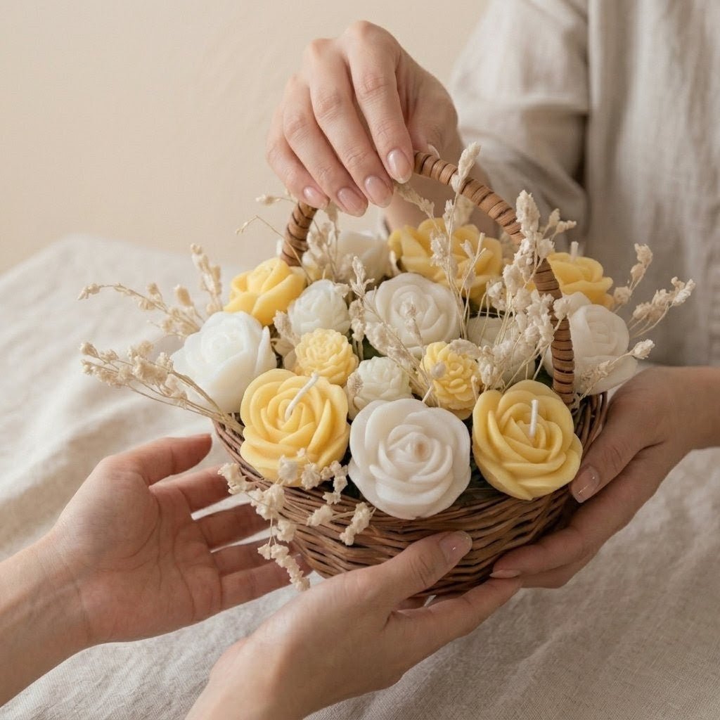 Wooden Round Basket Multi - Floral Scented Bouquet Candle (Yellow) - igniquecandles