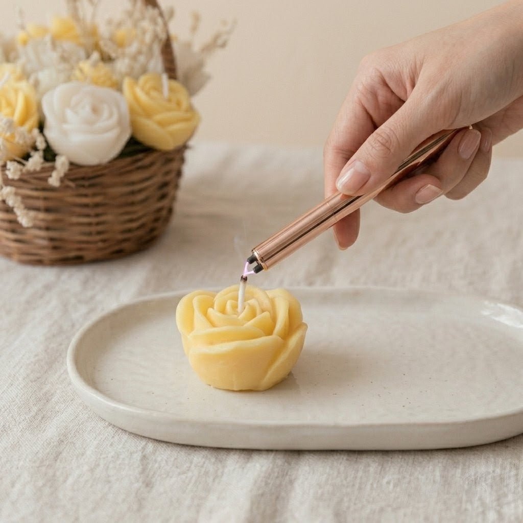 Wooden Round Basket Multi - Floral Scented Bouquet Candle (Yellow) - igniquecandles