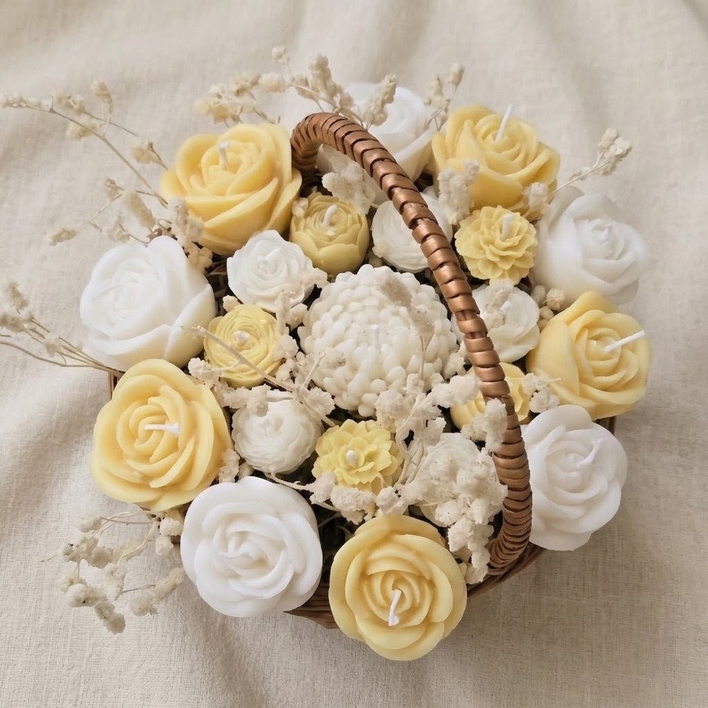 Wooden Round Basket Multi - Floral Scented Bouquet Candle (Yellow) - igniquecandles