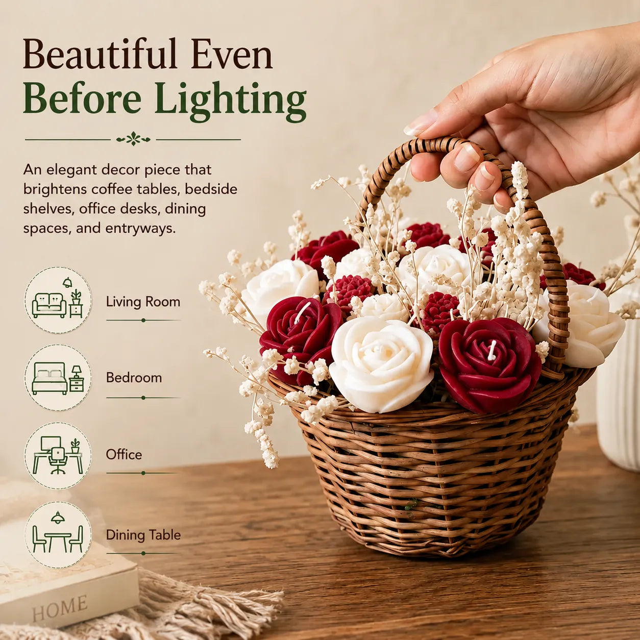 Wooden Round Basket Multi-Floral Scented Bouquet Candle (Red)