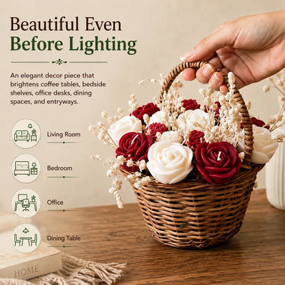 Wooden Round Basket Multi-Floral Scented Bouquet Candle (Red)
