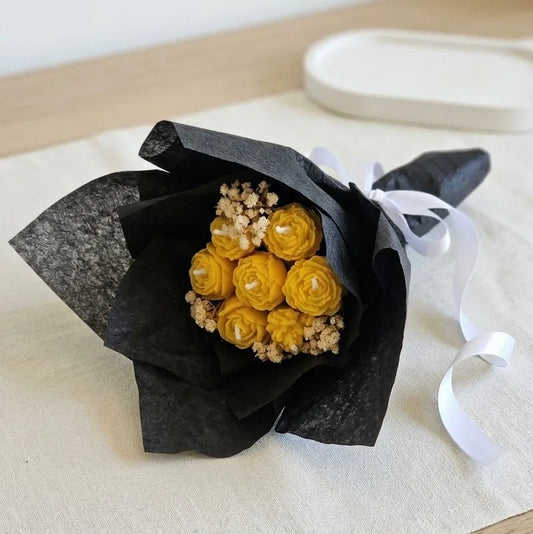 Handcrafted yellow mini scented candle bouquet featuring an intricate, artisanal floral flower arrangement design for premium home decor